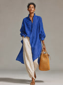 Women's Loose Solid-Color Linen Long-Sleeve Midi  Dress ZMZ0477H3XT