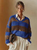 Women's Casual Retro Blue And Brown Horizontal Stripe Color-Block V- Neck Long-Sleeve Sweater ZMZ0404H2ZYY