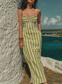 Women's Casual Vacation Style Cotton-Blend Striped Embroidered Maxi Dress ZMZ1120E2YZH