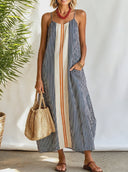 Women Cotton Blend Vertical Stripe Patchwork Cami Maxi Dress Sleeveless Loose Pocket Long Sundress, Summer Boho Vacation Dress ZMZ2920F3YZH