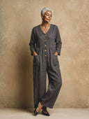Women's V-neck Front Button Quality Linen Wide-leg Jumpsuit ZMZ1384H2XT