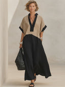 Women's Premium Vintage Cotton-Linen Patchwork V-Neck Short-Sleeve Loose Maxi Dress ZMZ2223F5ZYY