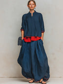 Women's Retro Casual Color Block Cotton Linen Stand Collar Three-Quarter Sleeve Top And Pants Loose Fit Set ZMZ2516E8ZJY