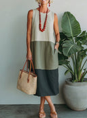 Women's Natural Casual Style Linen-Blend Three-Tone Color Block Sleeveless Shift Midi Dress ZMZ0312F9YZH