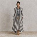 Women's Striped Cotton-Linen Long-Sleeve Shirt Maxi Dress ZMZ2387G1XT