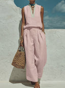 Women's Casual Vacation Style Linen-Cotton Blend Sleeveless Two-Piece Set ZMZ1860E8YZH