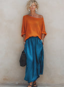 Women's Casual Chic Off-Shoulder Knit Top And Elastic-Waist Satin Skirt Set ZMZ1958E3ZYY