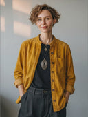 Women's American Retro Casual Faux Suede Stand Collar Long-Sleeve Shirt ZMZ0425H0ZYY