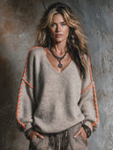 Women's French-style Relaxed V-neck Color-blocked Knit Sweater ZMZ2623H1XT