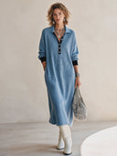 Women's Classic Loose-Fit Light Blue High-Stretch Ribbed Knit Midi Dress ZMZ0141I6SWL