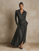 Women's Urban Casual Dark Grey Collared Tie-Waist Knit Maxi Dress ZMZ1988H1XT