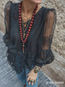 Women's Sheer Lace Puff-Sleeve Ruffle-Hem Shirt ZMZ1898H5XT