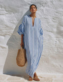 Women's Striped V-Neck Puff-Sleeve Loose Kaftan Maxi Dress ZMZ0961G7XT