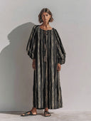 Women's Premium Vintage Cotton-Linen – Round Neck, Lantern Sleeves, Vertical Stripes, Loose Fit Maxi Dress ZMZ2376G5ZYY