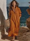 Women's Cotton Linen Collared Long-sleeved Loose-fitting Maxi Dress ZMZ2218D6XT