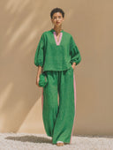 Women's Classic Casual Cotton-Linen Set: Mandarin Collar Lantern-Sleeve Shirt And Elastic-Waist Wide-Leg Pants ZMZ1307H5ZYY