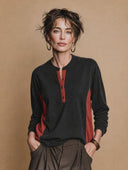 Women's Classic Casual Lyocell-Cotton Color-Block Henley Long-Sleeve T-Shirt ZMZ1284H6ZYY