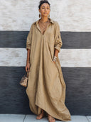 Women's Vintage-style Khaki Cotton V-neck Loose Long-sleeve Maxi Dress ZMZ1654G2SWL