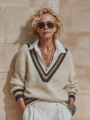 Women's Retro Casual Striped Knitted Collar Faux Two-Piece Sweater ZMZ0300H3ZJY