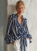 Women's Stylish Blue And White Striped Chiffon V-Neck Long-Sleeve Top With Ruffles And Tie Detail ZMZ0396G7SWL