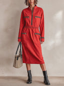 Women's Fashion Red Cotton Elastic Waist Long Sleeve Midi Dress ZMZ0494I6SWL