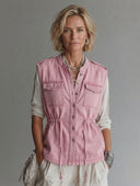 Women's Vintage-Style Stand Collar And Single-Breasted Closure Washed Denim Vest ZMZ3040G6ZYY