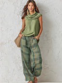 Women's Vintage-Inspired Casual Chic Sleeveless Top And Plaid Trousers Set ZMZ0756E6ZJY