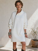 Women's French-style Elegant Mock-neck Zip-front Long-sleeve Loose-fit Knit Mini Dress ZMZ0481I3ZYY