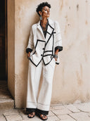 Women's Retro-style Cotton And Linen Color-blocked Two-button Long-sleeved Jacket（Three-quarter sleeves）ZMZ0326H9SWL