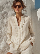 Women's Solid Color Cotton Linen Casual Stand Collar Long Sleeve Shirt ZMZ3057F8XT
