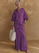 Women's Vintage-Style Elegant Cotton-Linen Set: Mandarin Collar Lantern-Sleeve Shirt And Elastic-Waist Skirt ZMZ3001G5ZYY