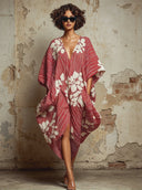 Women's Loose-Fit Striped & Floral Print V-Neck Short-Sleeve Midi Dress ZMZ2137E3XT
