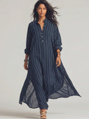 Women's Chiffon Striped Print Stand-Collar Long-Sleeve Maxi Dress ZMZ0226E4XT