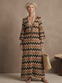 Women's Classic American Retro V-Neck Bell-Sleeve Knitted Maxi Dress ZMZ2957G0ZYY