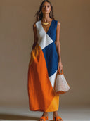 Women's Casual Vacation-Style Loose-Fit, Sleeveless, V-Neck, Multi-Color Patchwork Cotton-Linen Maxi Dress ZMZ1560E8ZYY