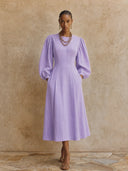 Women's High-Quality Cotton Linen Lantern Sleeve Midi Dress ZMZ1087H2XT