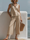 Women Cotton Blend Knit Two Piece Outfit Half Zip Sleeveless Vest With Lace Trim + High Waist Cropped Wide Leg Pants, Summer Casual Loungewear Set ZMZ2632F9YZH