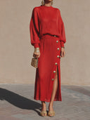 Women's Vintage Casual Knit Turtleneck Long-Sleeve Top And Skirt Two-Piece Set ZMZ0679H7ZJY