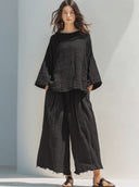 Women's Retro Casual Cotton Linen Pleated Flared Sleeve Round Neck Top And Pants Set ZMZ2628F9ZJY