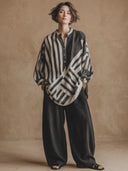 Women's Vintage Casual Striped Cotton-Linen Henley Lantern Sleeves Shirt And Wide-Leg Pants Set ZMZ2900G4ZYY
