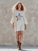 Women's Retro Street-Style Casual Knit-Panel Mini Dress With Sequin Stars And Three-Quarter Sleeves ZMZ2109H7ZJY