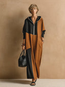 Women's Color Block Hooded Zip-Up Long Sleeve Maxi Dress ZMZ1748H4XT