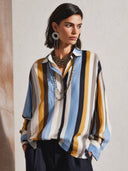 Women's Fashionable Multicolor Striped V-Neck Long-Sleeve Top ZMZ2374G9SWL
