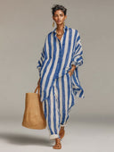 Women's Striped Linen Loose Shirt And Wide-Leg Pants Two-Piece Set ZMZ0400H9XT