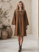 Women's Vintage Western-Style Faux Suede Square Neck, Flared Sleeves, And Cut-Out Embroidery At The Hem Midi Dress ZMZ2826H7ZYY