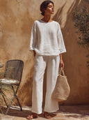 Women's Solid-Color Casual Cotton-Linen Loose Trouser Two-Piece Set ZMZ0471F4XT