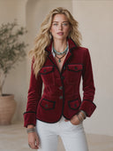 Women's Vintage-Style Mandarin Collar And Multiple Pockets Slim-Fit Velvet Jacket ZMZ2183H5ZYY