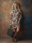 Women's Retro-American Style Leopard Print Crew Neck And Long Sleeves Knit Mini Dress ZMZ0672H8ZYY