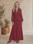 Women's Vintage-Style Elegant V-Neck, Lantern Sleeves, And Ruffle Details Loose-Fit Knit Maxi Dress ZMZ2108H1ZYY