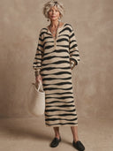 Women's Classic Casual Henley Neck Long-Sleeve Striped Knit Midi Dress ZMZ3153G7ZYY